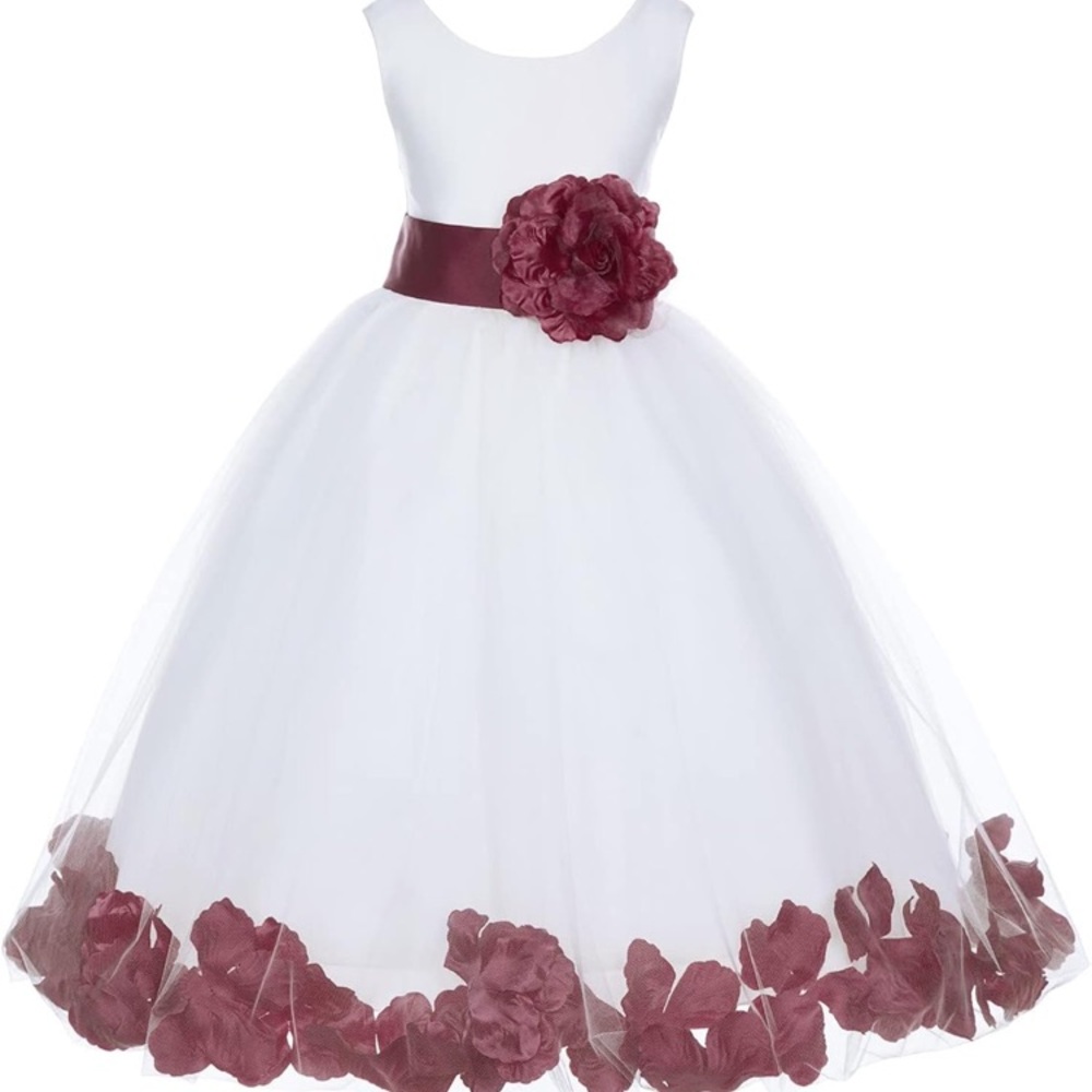 Ivory girls dress with burgundy petals and sash